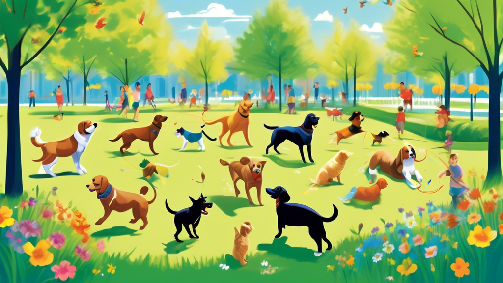 Create a vibrant, energetic scene showcasing various dog breeds playing happily with a flirt pole in a spacious, sunny park. The flirt pole should have a colorful, dangling toy that dogs are enthusias