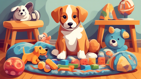 An adorable puppy surrounded by a variety of comfort toys, such as soft plush animals, chew toys, and cozy blankets, in a warm and inviting living room setting. The puppy looks happy and relaxed, show