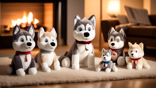 Create a cozy scene featuring adorable Husky plush toys in various sizes and poses, arranged in a warm, inviting living room with soft lighting. Some husky plush toys are sitting on a couch, while oth