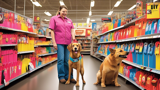 Create an image of a friendly pet store aisle at Tractor Supply, featuring an array of brightly colored shock collars displayed neatly on the shelves. A knowledgeable employee assists a customer with 