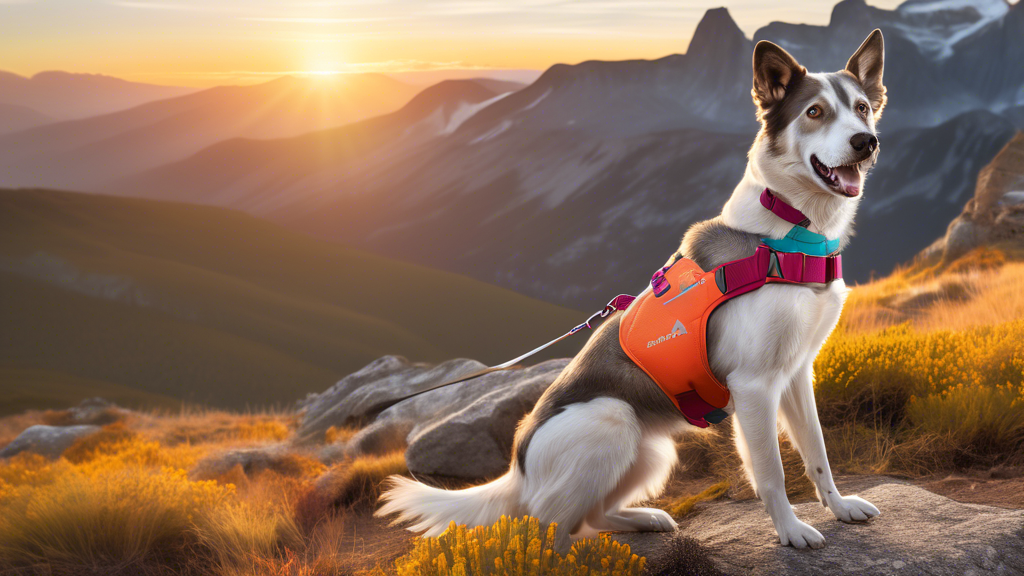 An active dog wearing the Ruffwear Flagline Harness, demonstrating its features in a mountainous landscape at sunrise, with clear labels highlighting the harness's benefits and design elements.