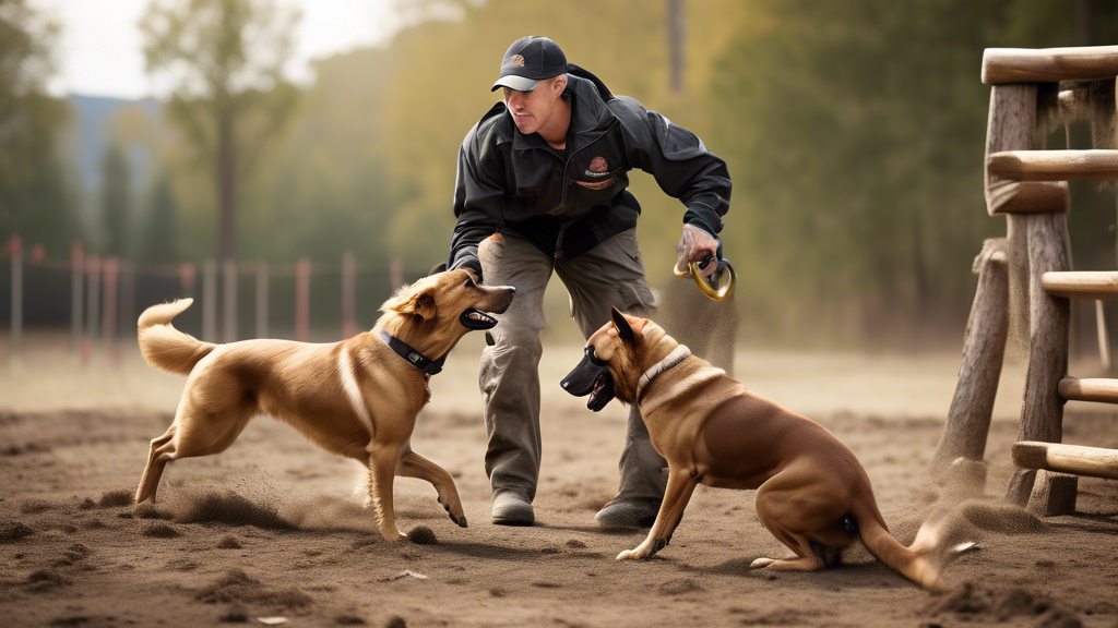 Create an image of a professional dog trainer in a rugged outdoor setting, demonstrating advanced training techniques with a variety of dog breeds. Showcase intense focus, dynamic movements, and speci