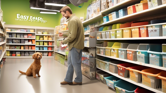 Create an image of a well-organized pet store aisle showcasing a variety of dog litter pans. Each pan is distinct in design, size, and color, with labels highlighting features such as 'easy to clean,'