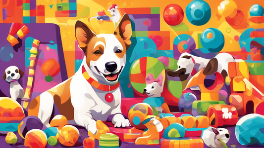 Create an image of a cheerful, energetic dog surrounded by various dog toys, including interactive puzzles, squeaky toys, chew toys, and fetch items, in a colorful and playful setting, highlighting th