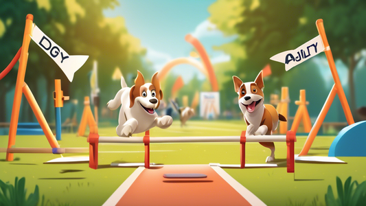 Create an image of a lively dog agility course set up in a sunny park. There are various obstacles like tunnels, weave poles, and ramps. Enthusiastic dogs of different breeds are navigating the course