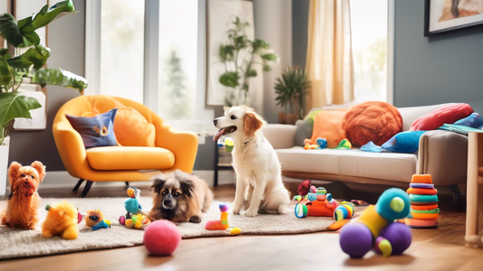 Create an image showcasing a playful scene with a variety of colorful pet toys scattered around. Include different types of pets like dogs, cats, rabbits, and birds interacting joyfully with the toys.