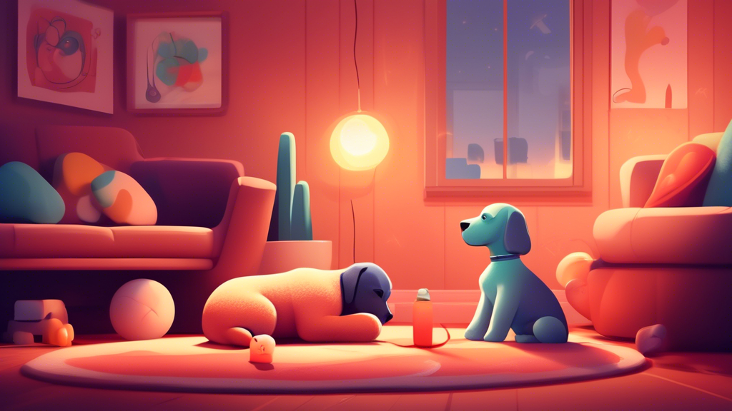Illustration of a cozy living room with a playful puppy snuggling next to a heartbeat toy shaped like a stuffed animal, surrounded by other soothing toys designed for puppies. Warm lighting and a sens