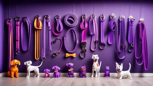A whimsical storefront display showcasing a variety of stylish purple dog leashes, with different shades and designs, arranged neatly on a wall. The background features a happy dog wearing a purple le