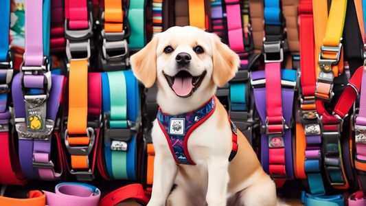 Create an image of a cheerful dog sporting a stylish and well-fitted Canada Pooch harness, surrounded by several vibrant and different styles of harnesses. The backdrop should be a cozy pet store with
