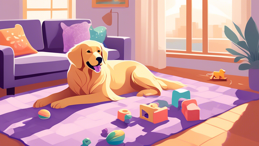 Create an image of a serene living room with a golden retriever lying contentedly on a plush rug, surrounded by various calming toys including a puzzle feeder, a soft chew toy, and a lavender-scented 