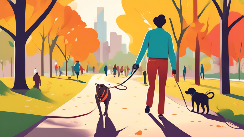 Create an image of a joyful person walking their dog in a scenic park using a Halti Lead. The dog appears calm and well-behaved, staying close to the owner. Bright, sunny day with people and other dog