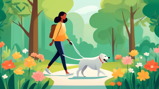 Create an image of a happy dog and its owner walking in a beautiful park. The dog is on a no-pull lead, moving calmly and confidently alongside the owner. Illustrate a clear bond of trust and effectiv