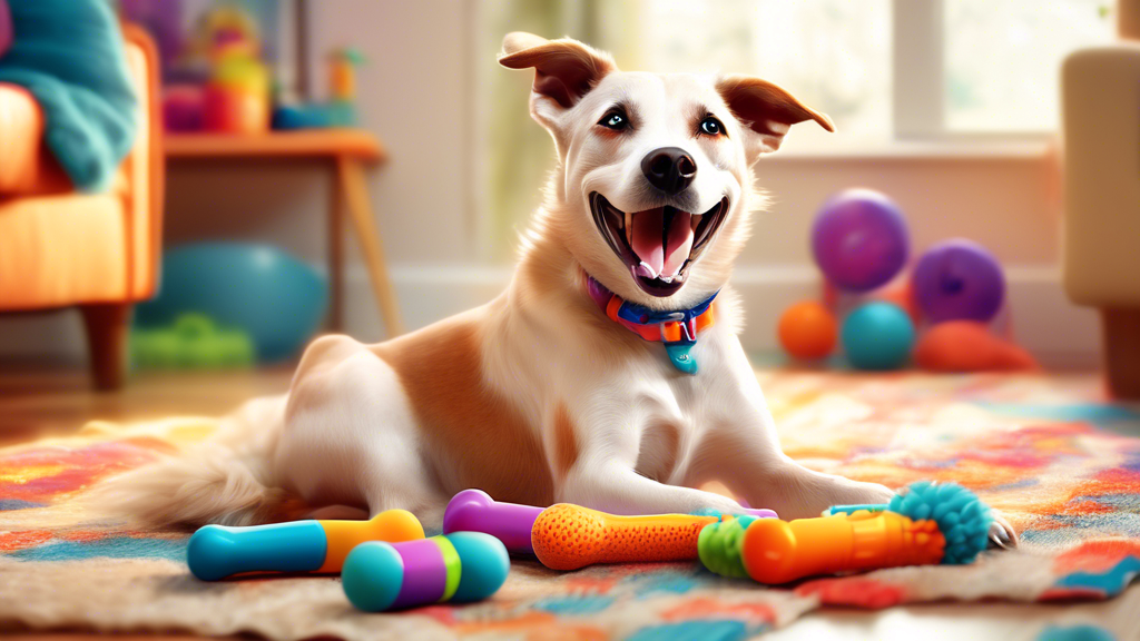 Create an image of a playful, happy dog in a vibrant living room, chewing on a colorful, durable Nylabone toy. Surround the scene with other Nylabone toys scattered around, showcasing different shapes