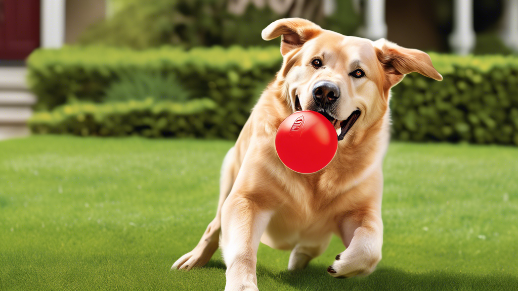 Create an image of a happy, medium-to-large-sized dog eagerly playing with a bright red Kong Classic Large dog toy in a grassy backyard. The dog should be interacting with the Kong in a way that shows