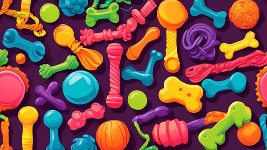Create an image of a variety of top-quality dog chew toys designed for heavy chewers, displayed on a hardwood floor. Include durable rubber balls, rope toys, nylon bones, and interactive treat-dispens