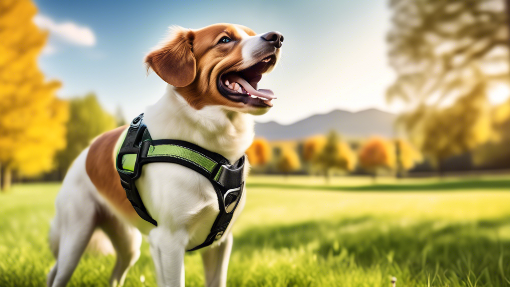 Create a high-quality image of a happy dog outdoors, wearing a top-rated, secure, no-escape harness. The dog should look comfortable and energetic, with a sturdy harness that has multiple safety featu