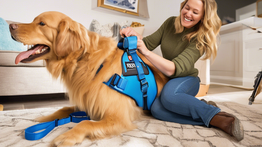 Depict a pet owner happily fitting a comfortable blue Kong dog harness onto their excited golden retriever in a cozy living room filled with pet toys. The scene should show other dog harnesses with la