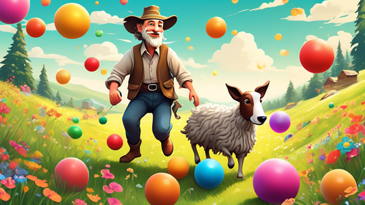 Create a highly detailed and whimsical illustration of a skillful shepherd character herding a variety of colorful, bouncing balls, through a picturesque meadow. The scene should capture the essence o
