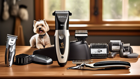 Create a detailed, realistic image of a cozy home grooming setup featuring a variety of Wahl dog clippers on a wooden table. Include different dog breeds eagerly waiting to be groomed, a cheerful groo