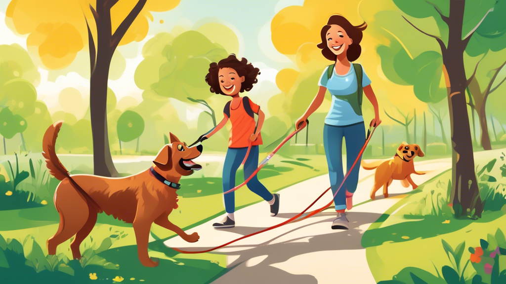 Create an image of a happy dog on a walk using a retractable leash. The scene should include a sunny park with green grass and trees, children playing in the background, and the dog's owner smiling as