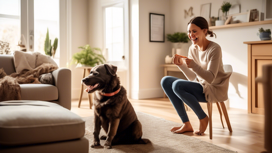 Create a visually engaging image featuring a person using gentle training techniques to teach their dog not to bite. The scene should include clear indications of positive reinforcement, such as treat