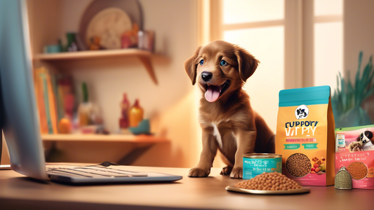 Create a heartwarming image of a happy, energetic puppy sitting in front of a computer screen displaying various high-quality puppy food options, with colorful packaging and healthy ingredients. The b