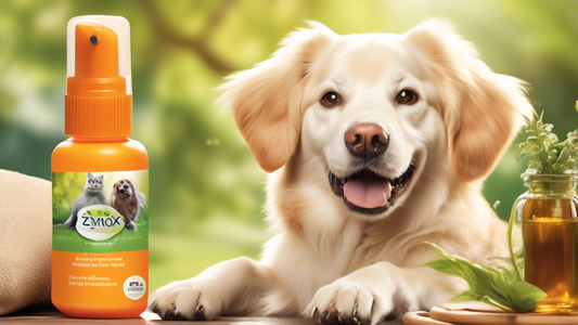 Create an image showcasing a happy and healthy dog and cat, both with clean and well-groomed ears, surrounded by a nature-filled background like a garden. Show a bottle of Zymox Ear Solution prominent