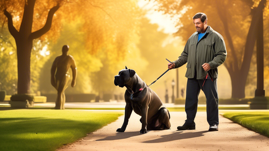 Create an image of a professional dog trainer working with a beautiful Cane Corso in a tranquil, park-like setting. Showcase the trainer using positive reinforcement techniques, with the dog respondin