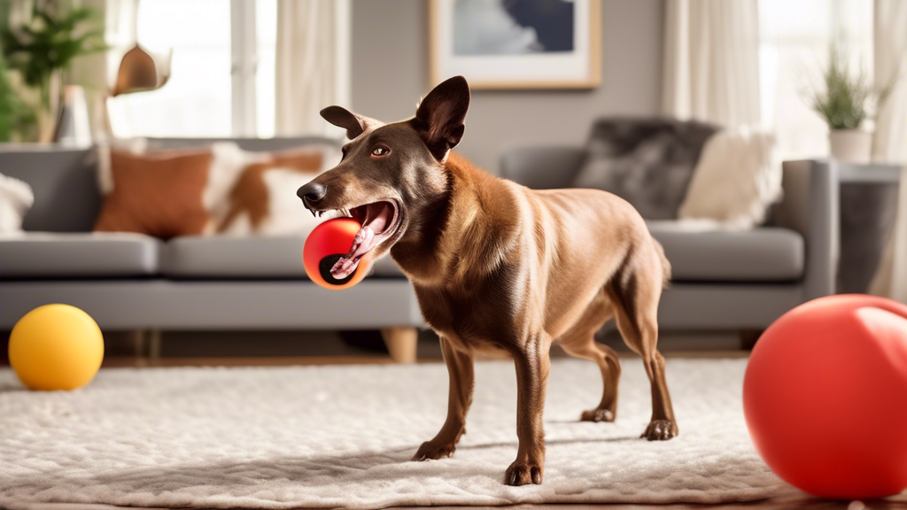 Create an image of a happy dog playing with a Kong Moose Dog Toy in a cozy, modern living room. The dog should look excited and joyful, with the toy in its mouth or paws. The living room should featur
