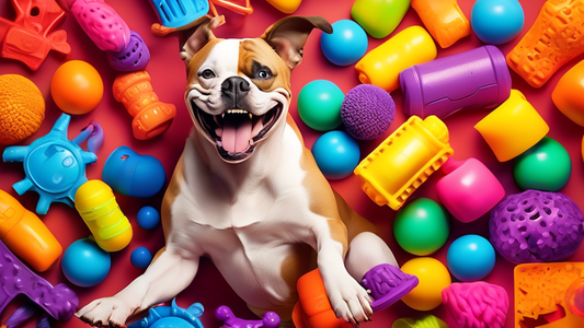 A colorful scene of a happy, playful dog surrounded by an array of tough, chew-proof Bullymake dog toys. The dog, a lively breed like a Bulldog or Pitbull, is shown mid-chew with one of the durable to