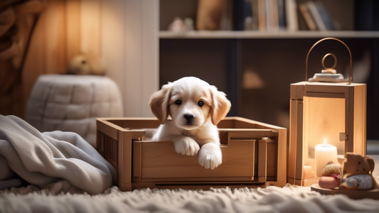 Create an image depicting a cozy living room with a puppy comfortably resting inside a well-designed, comfortable crate. Include elements such as soft bedding, toys, and a water bowl inside the crate.