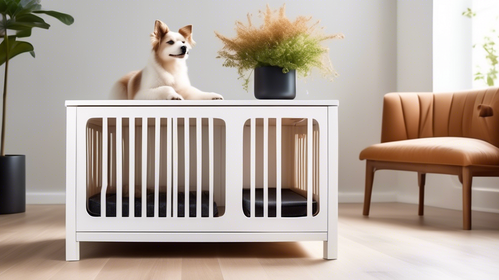 A beautifully furnished living room with a modern, white wooden dog crate seamlessly integrated into the decor. The crate is designed with elegant lines, featuring a comfy cushion inside for the dog a