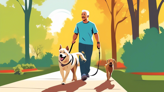 Create an image of a confident dog owner walking a well-behaved dog using a Cesar Millan leash. The scene should be set in a picturesque park with clear skies and greenery. Both the owner and the dog 