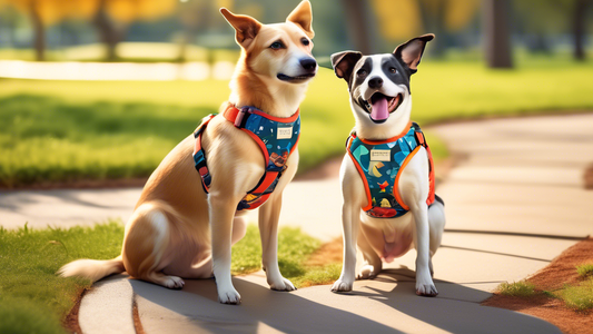Create an image of a playful dog in a park wearing a stylish and comfortable Cocopup harness. The dog is happily exploring, while a display of various harness designs and colors is showcased nearby. I