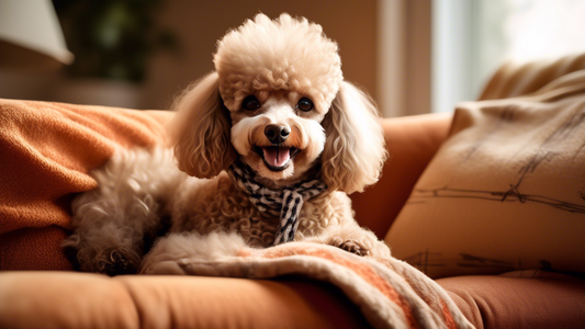 Create a heartwarming image of a miniature poodle snuggled up on a cozy couch with a smiling person. The poodle is well-groomed with a fluffy coat, and the setting includes warm colors, a soft blanket