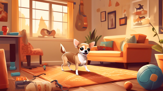 Create an adorable and lively scene featuring a Chihuahua learning new tricks with a professional dog trainer in a cozy living room. The Chihuahua should be attentively following commands such as sitt