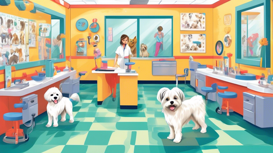 Create a vibrant and detailed illustration of a cheerful dog grooming school. Show a spacious, well-equipped classroom with grooming tables, various grooming tools, and enthusiastic students learning 