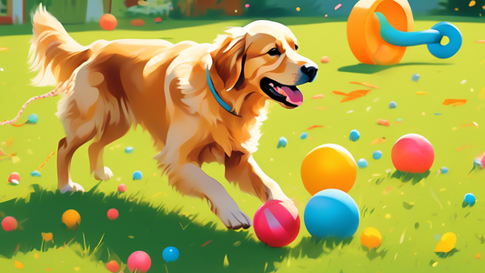 An array of colorful yard toys designed for dogs, including a frisbee, a tug rope, and interactive treat-dispensing balls, scattered on a sunny, grassy lawn with a joyful golden retriever playing in t
