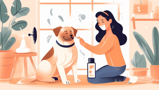 Create an image of a pet owner gently cleaning their dog's ears with specialized ear cleaning solutions. The background shows a cozy home environment with pet-friendly decor, including a container of 