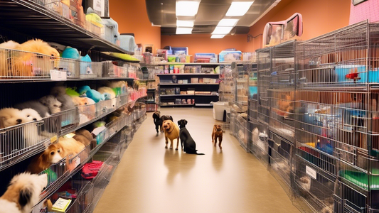 An inviting, well-lit pet store aisle lined with a variety of affordable dog crates. Crates come in different sizes and styles, from small to large, modern to classic. Each crate is equipped with comf