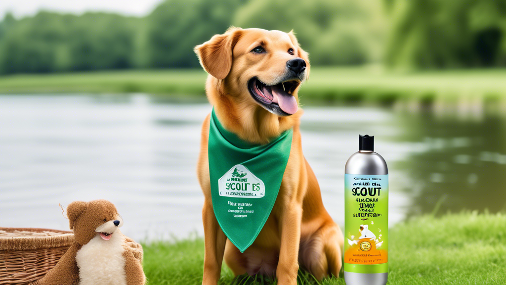 Create an image of a happy, clean dog with a shiny coat sitting proudly next to a bottle of 'Scout's Honor: The Ultimate Dog Shampoo'. The scene is outdoors in a lush, green park with a picnic setup i
