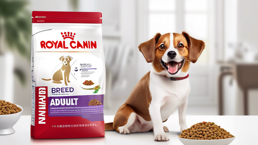Create an image showing a happy, healthy small breed adult dog sitting next to a bowl filled with Royal Canin Small Breed Adult Dry Dog Food. The backdrop should include vibrant, playful elements such