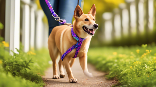 Create an image showcasing a happy dog on a walk in a scenic park, using a vibrant, durable Lupine Pet leash with intricate patterns and strong build. The leash should be clearly visible, highlighting