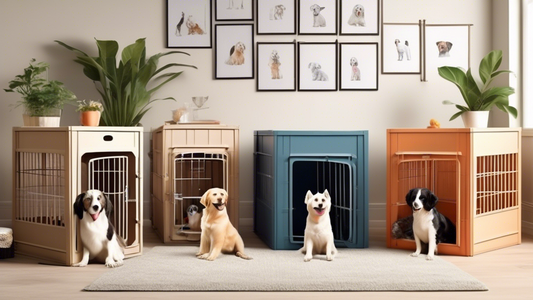 Create an image that shows a variety of dog crates, each with unique features, sizes, and styles to suit different dog breeds and needs. Include an illustration of happy dogs of various sizes sitting 