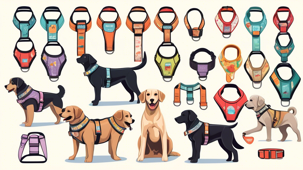 Create a detailed illustration of a variety of custom dog harnesses displayed on different breeds and sizes of dogs. The dogs are happily walking in a scenic park, showcasing harness styles such as ad