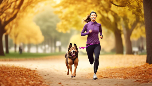 Create an image of an active dog owner jogging through a scenic park while using a hands-free dog leash. The owner is wearing athletic gear and looks happy and energized, while their dog runs alongsid