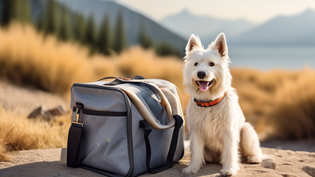 Create an image of a stylish, practical dog travel bag, designed for adventurous pet owners, sitting next to a happy dog with ears blowing in the wind. The bag should be open, revealing organized comp