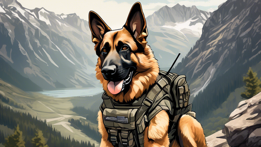 A highly detailed and dynamic illustration of a rugged and adventurous dog outfitted in essential tactical gear. The dog, a German Shepherd, is equipped with a durable tactical vest complete with pock