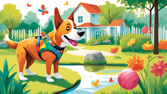 Create an illustration of a happy dog named Charlie wearing a colorful, well-fitted harness in a vibrant backyard. The setting should include playful elements like a toy ball, a small pond, and lush g