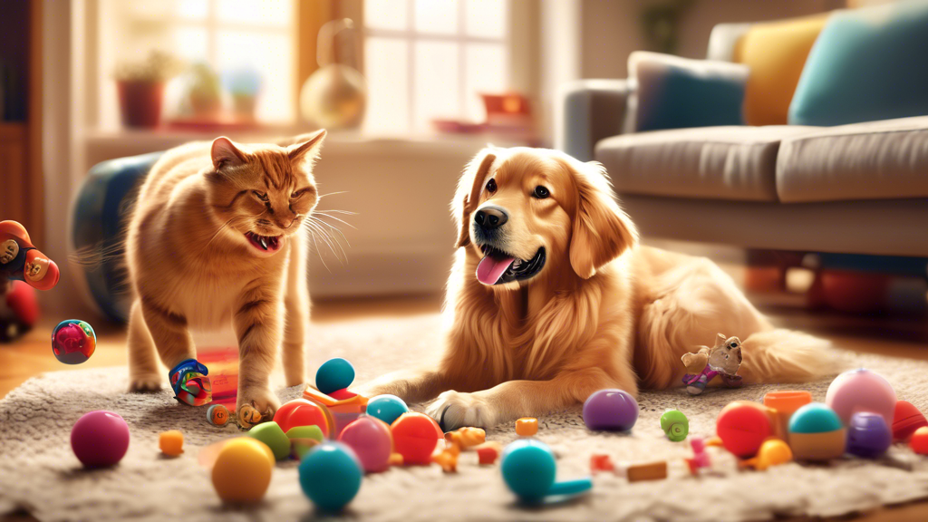 Digital illustration of a dog and a cat happily playing with colorful Kong toys in a cozy living room. The scene is filled with a variety of Kong toys, including classic chew toys, treat dispensers, a